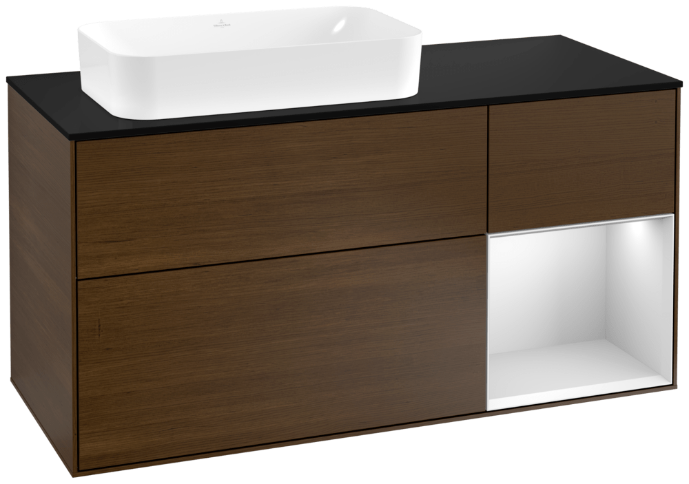 V&B Waschtisch-Unterschrank Wandbeleuchtung Finion 120cm, Abdeckplatte black matt, Regal rechts White matt lacquer, Walnut veneer