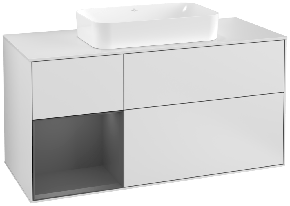 V&B Waschtisch-Unterschrank Wandbeleuchtung Finion 120cm, Abdeckplatte white matt, Regal links Anthracite matt, White matt lacquer
