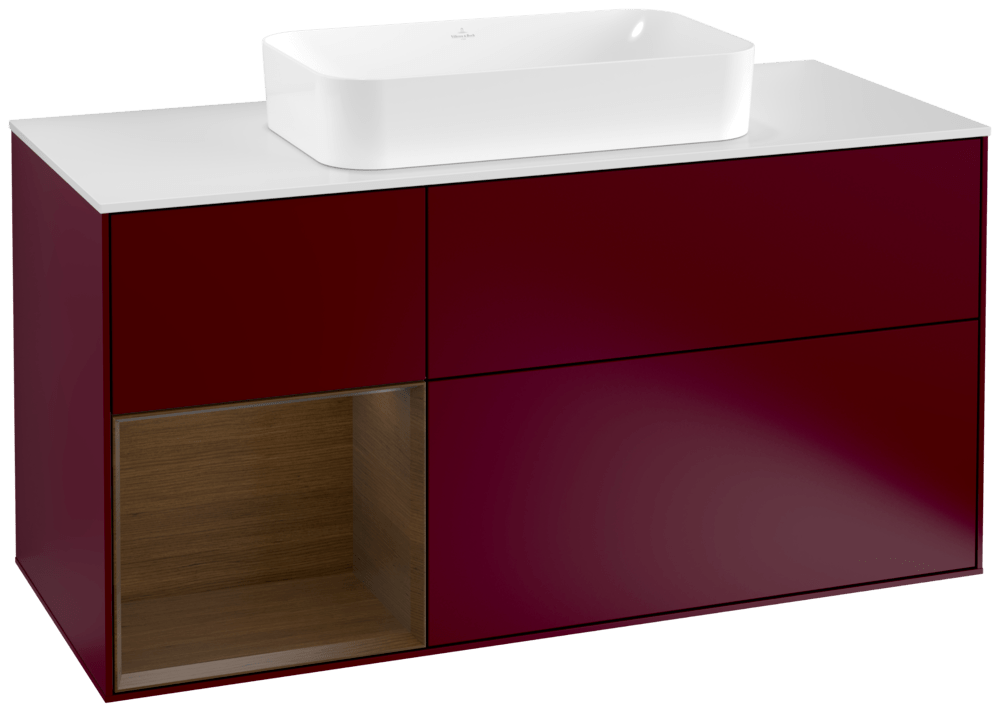 V&B Waschtisch-Unterschrank Wandbeleuchtung Finion 120cm, Abdeckplatte white matt, Regal links Walnut veneer, Peony Matt