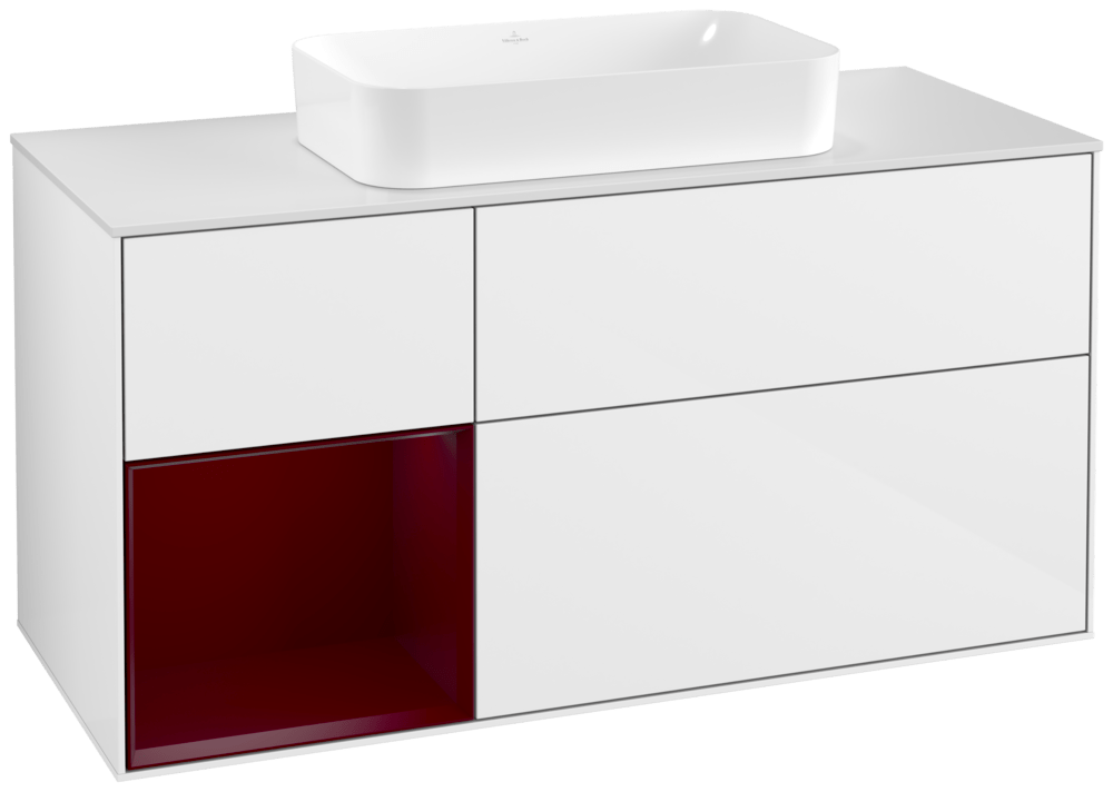 V&B Waschtisch-Unterschrank Wandbeleuchtung Finion 120cm, Abdeckplatte white matt, Regal links Peony, Glossy white lacquer