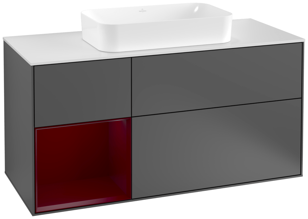 V&B Waschtisch-Unterschrank Wandbeleuchtung Finion 120cm, Abdeckplatte white matt, Regal links Peony, Anthracite matt