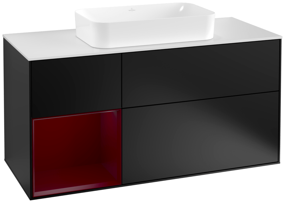 V&B Waschtisch-Unterschrank Wandbeleuchtung Finion 120cm, Abdeckplatte white matt, Regal links Peony, Black matt lacquer