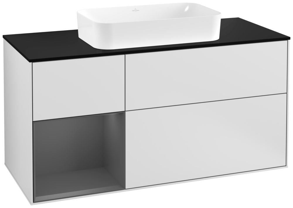 V&B Waschtisch-Unterschrank Wandbeleuchtung Finion 120cm, Abdeckplatte black matt, Regal links Anthracite matt, White matt lacquer