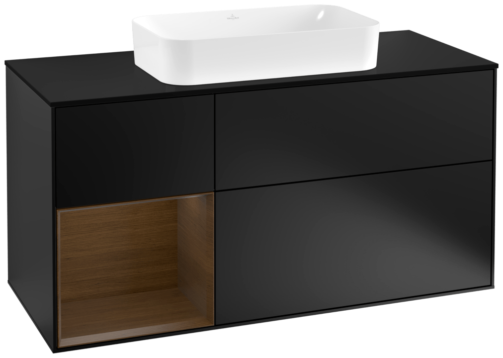 V&B Waschtisch-Unterschrank Wandbeleuchtung Finion 120cm, Abdeckplatte black matt, Regal links Walnut veneer, Black matt lacquer