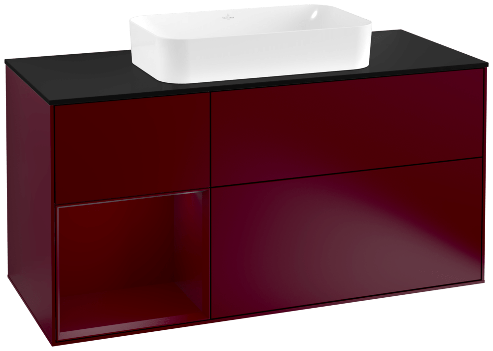 V&B Waschtisch-Unterschrank Wandbeleuchtung Finion 120cm, Abdeckplatte black matt, Regal links Peony, Peony Matt