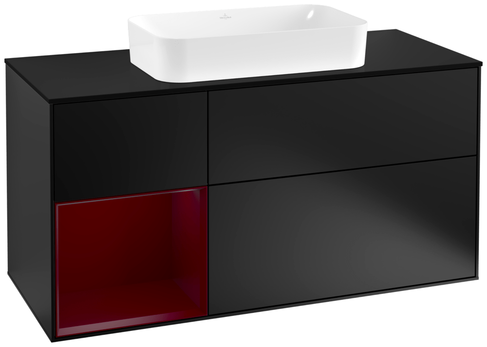V&B Waschtisch-Unterschrank Wandbeleuchtung Finion 120cm, Abdeckplatte black matt, Regal links Peony, Black matt lacquer