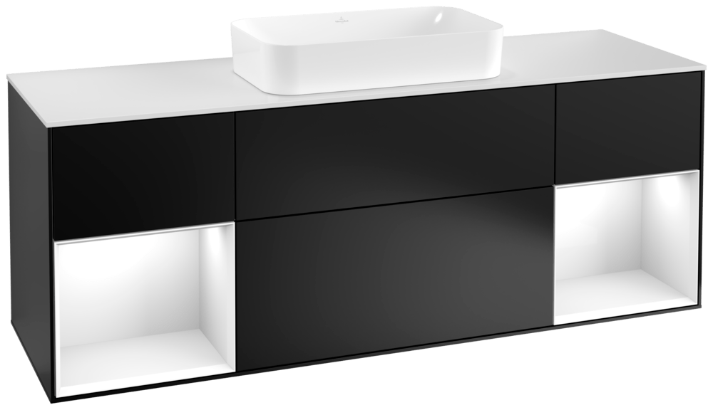 V&B Waschtisch-Unterschrank Wandbeleuchtung Finion 160cm, Abdeckplatte white matt, Regal Glossy white lacquer, Black matt lacquer