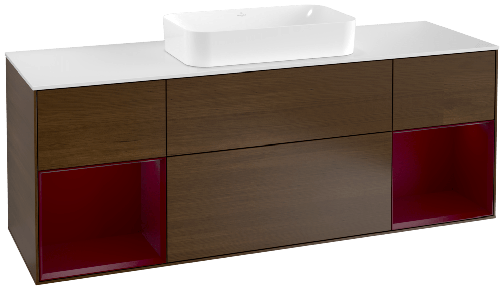 V&B Waschtisch-Unterschrank Wandbeleuchtung Finion 160cm, Abdeckplatte white matt, Regal Peony matt lacquer, Walnut veneer