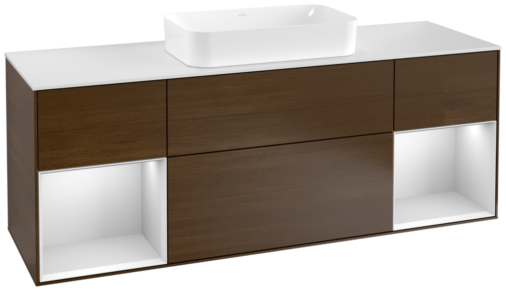 V&B Waschtisch-Unterschrank Wandbeleuchtung Finion 160cm, Abdeckplatte white matt, Regal White matt lacquer, Walnut veneer