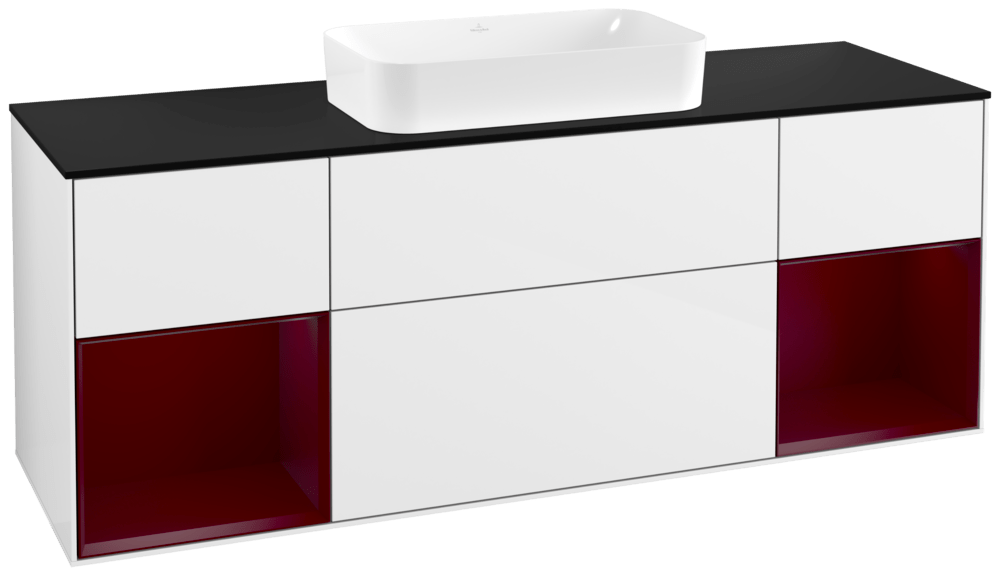 V&B Waschtisch-Unterschrank Wandbeleuchtung Finion 160cm, Abdeckplatte black matt, Regal Peony matt lacquer, Glossy white lacquer