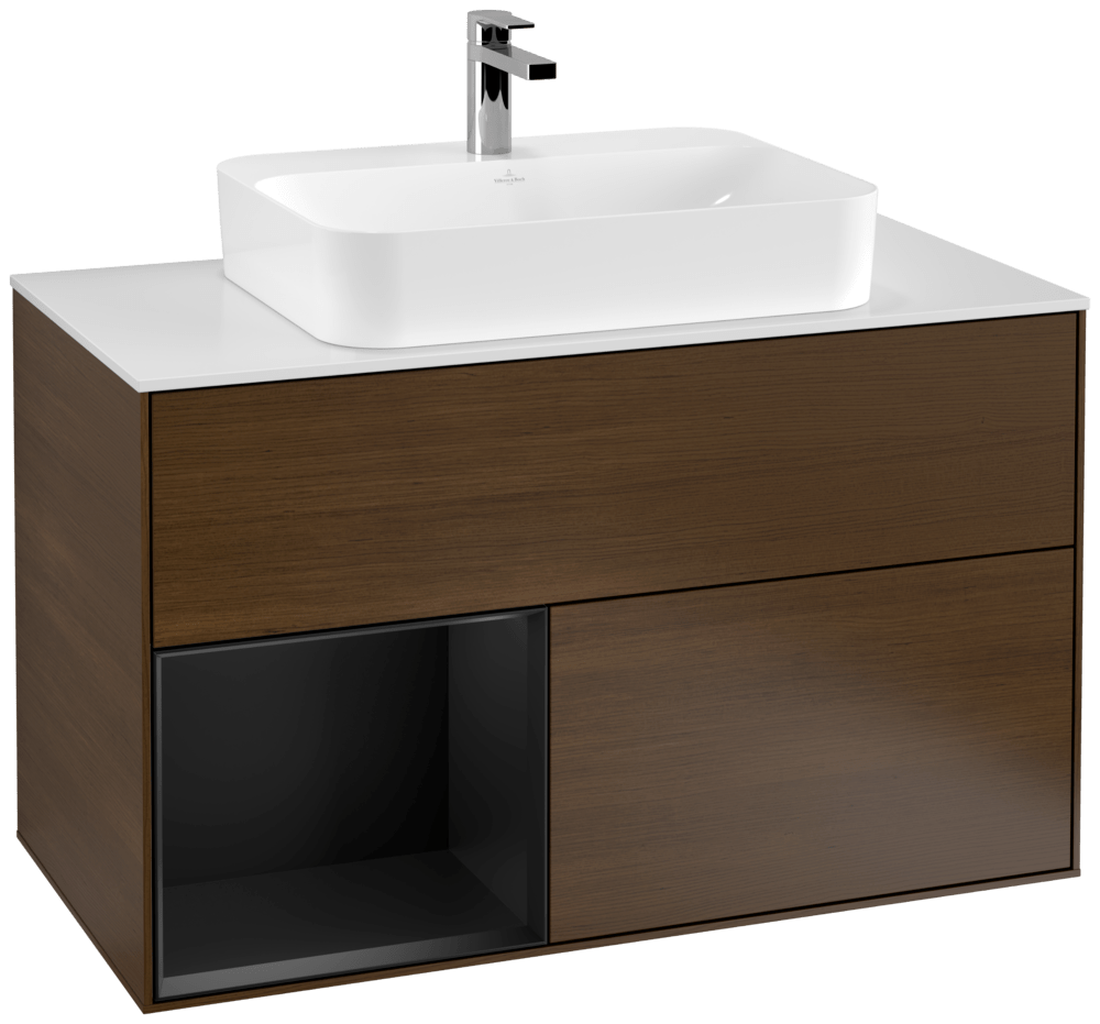 V&B Waschtisch-Unterschrank Wandbeleuchtung Finion 100cm, Abdeckplatte white matt, Regal links Black matt lacquer, Walnut veneer