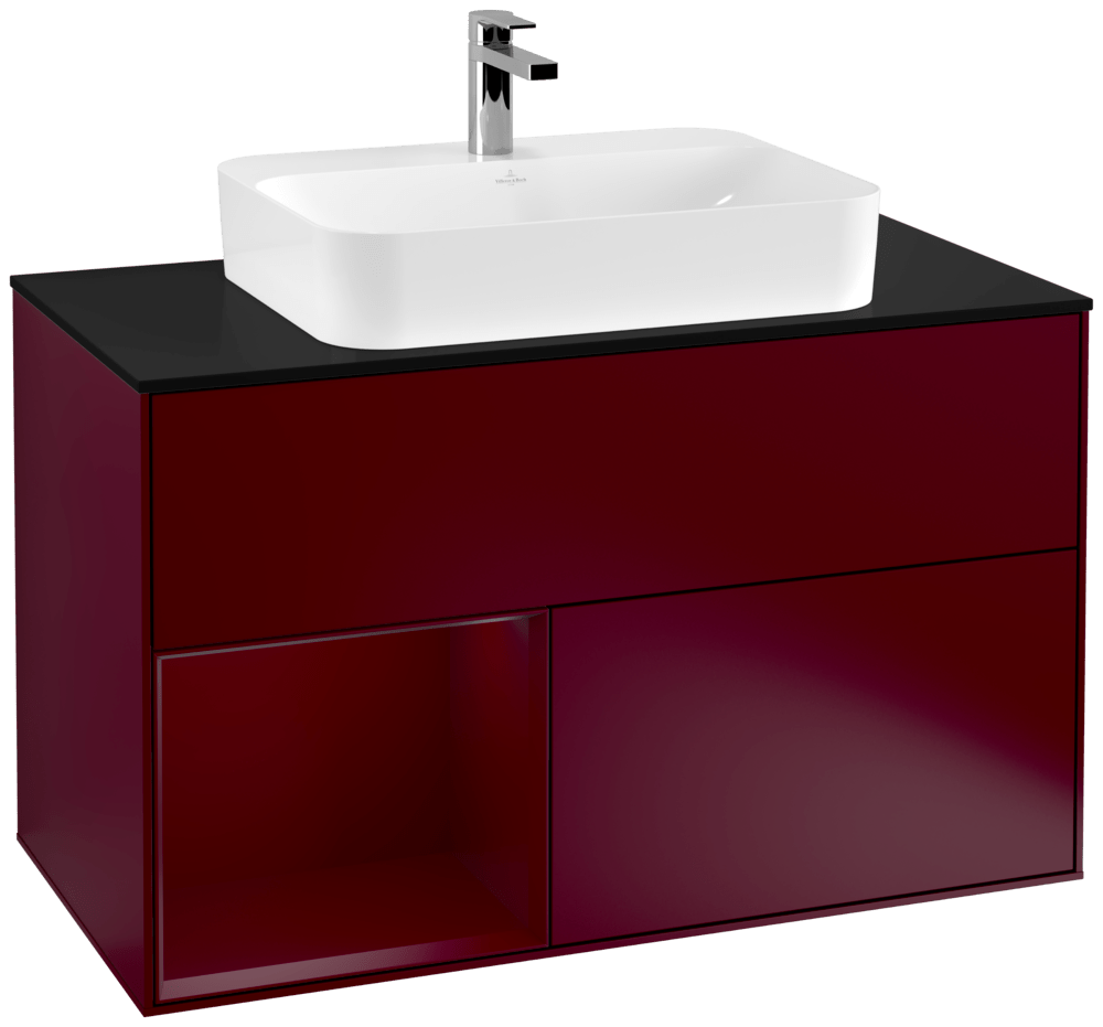 V&B Waschtisch-Unterschrank Wandbeleuchtung Finion 100cm, Abdeckplatte black matt, Regal links Peony, Peony Matt