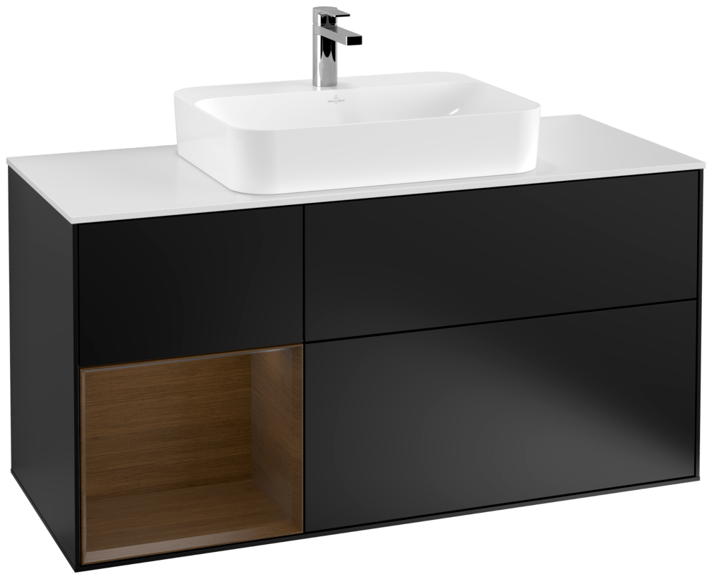 V&B Waschtisch-Unterschrank Wandbeleuchtung Finion 120cm, Abdeckplatte white matt, Regal links Walnut veneer, Black matt lacquer