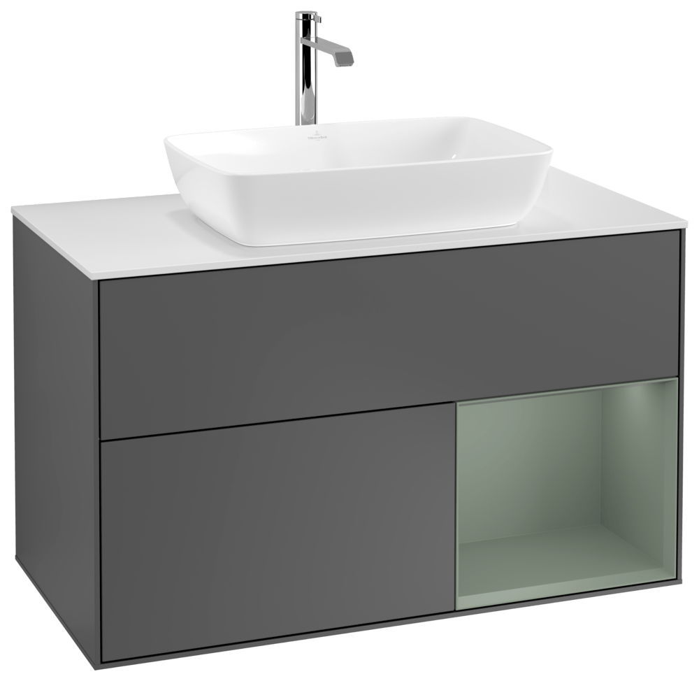 V&B Waschtisch-Unterschrank Wandbeleuchtung Finion 100cm, Abdeckplatte white matt, Regal Olive matt lacquer, Anthracite matt