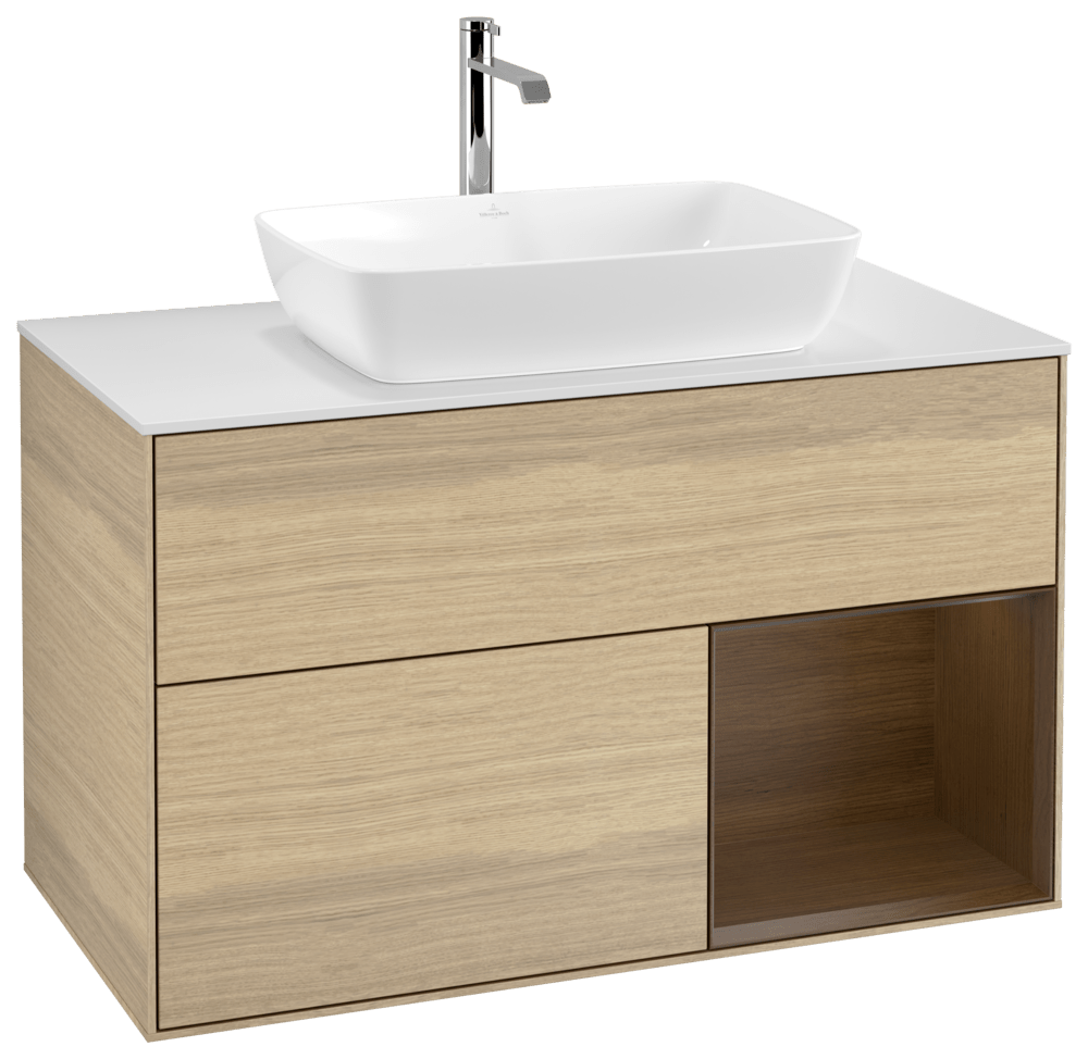 V&B Waschtisch-Unterschrank Wandbeleuchtung Finion 100cm, Abdeckplatte white matt, Regal Walnut Veneer, Oak Veneer