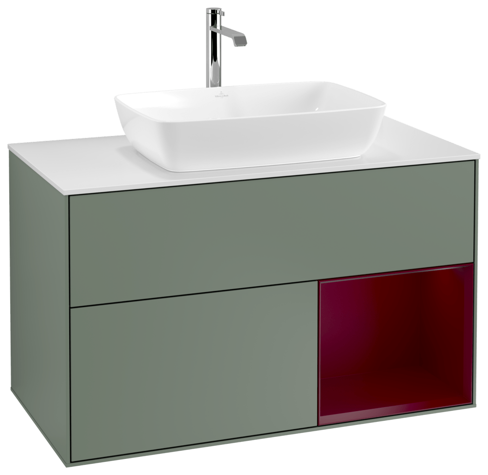 V&B Waschtisch-Unterschrank Wandbeleuchtung Finion 100cm, Abdeckplatte white matt, Regal Peony matt lacquer, Olive Matt Lacquer