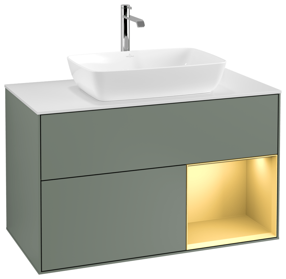 V&B Waschtisch-Unterschrank Wandbeleuchtung Finion 100cm, Abdeckplatte white matt, Regal Gold matt lacquer, Olive Matt Lacquer