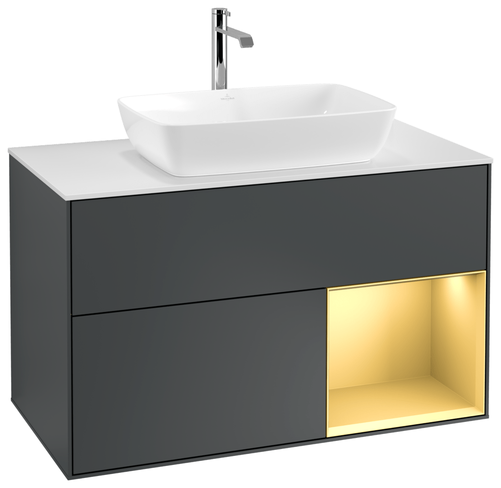 V&B Waschtisch-Unterschrank Wandbeleuchtung Finion 100cm, Abdeckplatte white matt, Regal Gold matt lacquer, Midnight Blue Matt Lacquer
