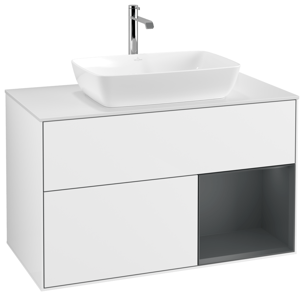 V&B Waschtisch-Unterschrank Wandbeleuchtung Finion 100cm, Abdeckplatte white matt, Regal Midnight matt lacquer, Glossy white lacquer