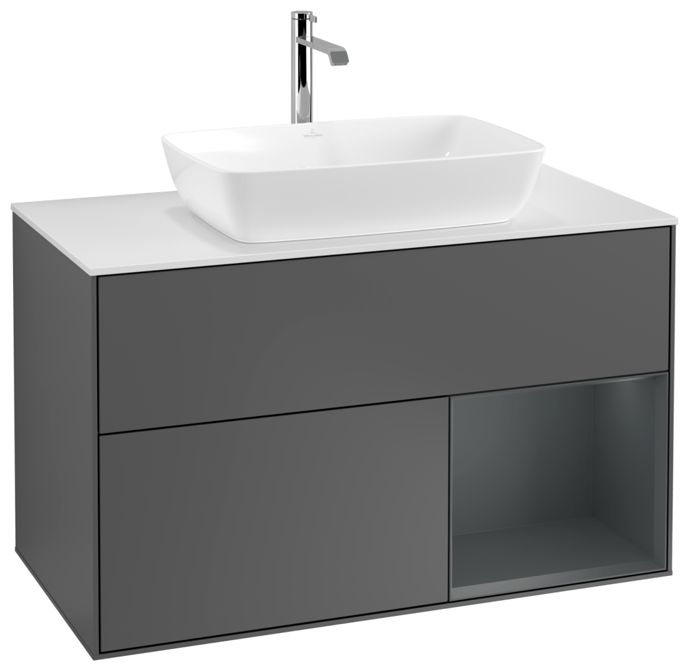 V&B Waschtisch-Unterschrank Wandbeleuchtung Finion 100cm, Abdeckplatte white matt, Regal Midnight matt lacquer, Anthracite matt