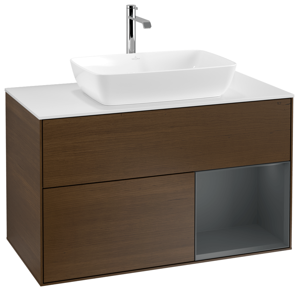 V&B Waschtisch-Unterschrank Wandbeleuchtung Finion 100cm, Abdeckplatte white matt, Regal Midnight matt lacquer, Walnut veneer