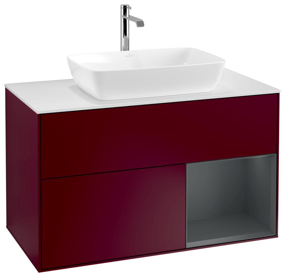 V&B Waschtisch-Unterschrank Wandbeleuchtung Finion 100cm, Abdeckplatte white matt, Regal Midnight matt lacquer, Peony Matt