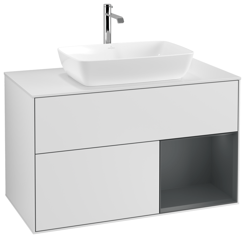 V&B Waschtisch-Unterschrank Wandbeleuchtung Finion 100cm, Abdeckplatte white matt, Regal Midnight matt lacquer, White matt lacquer