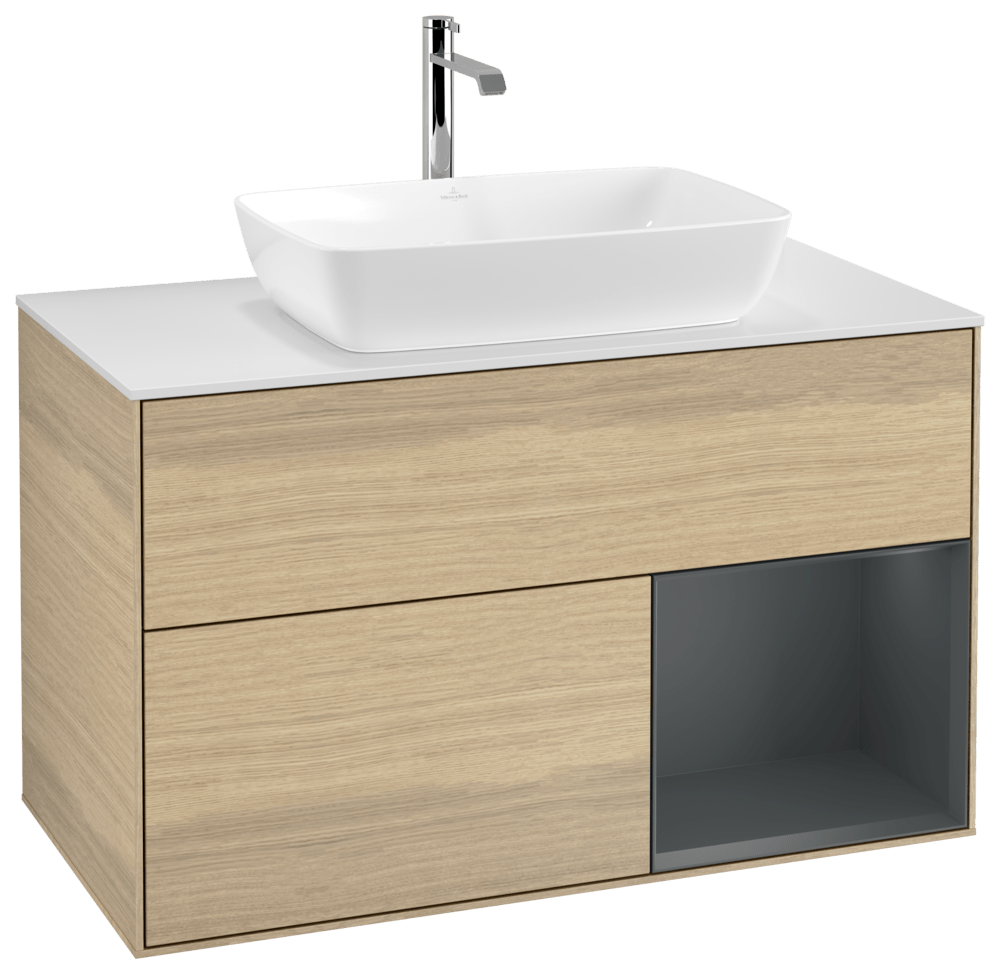 V&B Waschtisch-Unterschrank Wandbeleuchtung Finion 100cm, Abdeckplatte white matt, Regal Midnight matt lacquer, Oak Veneer