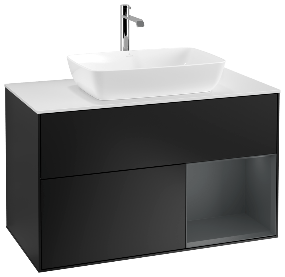 V&B Waschtisch-Unterschrank Wandbeleuchtung Finion 100cm, Abdeckplatte white matt, Regal Midnight matt lacquer, Black matt lacquer