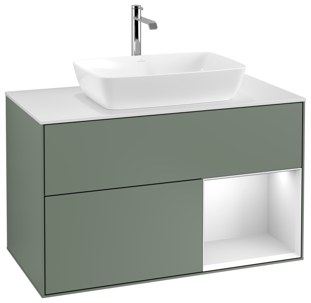 V&B Waschtisch-Unterschrank Wandbeleuchtung Finion 100cm, Abdeckplatte white matt, Regal White matt lacquer, Olive Matt Lacquer