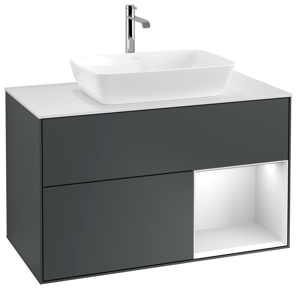 V&B Waschtisch-Unterschrank Wandbeleuchtung Finion 100cm, Abdeckplatte white matt, Regal White matt lacquer, Midnight Blue Matt Lacquer