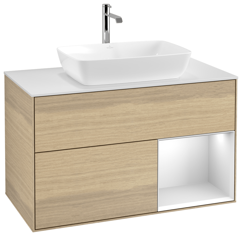 V&B Waschtisch-Unterschrank Wandbeleuchtung Finion 100cm, Abdeckplatte white matt, Regal White matt lacquer, Oak Veneer