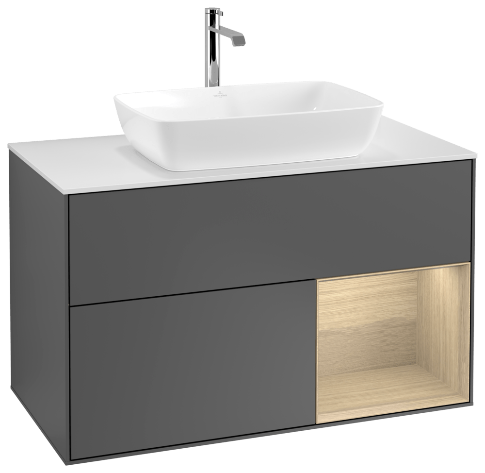 V&B Waschtisch-Unterschrank Wandbeleuchtung Finion 100cm, Abdeckplatte white matt, Regal Oak Veneer, Anthracite matt