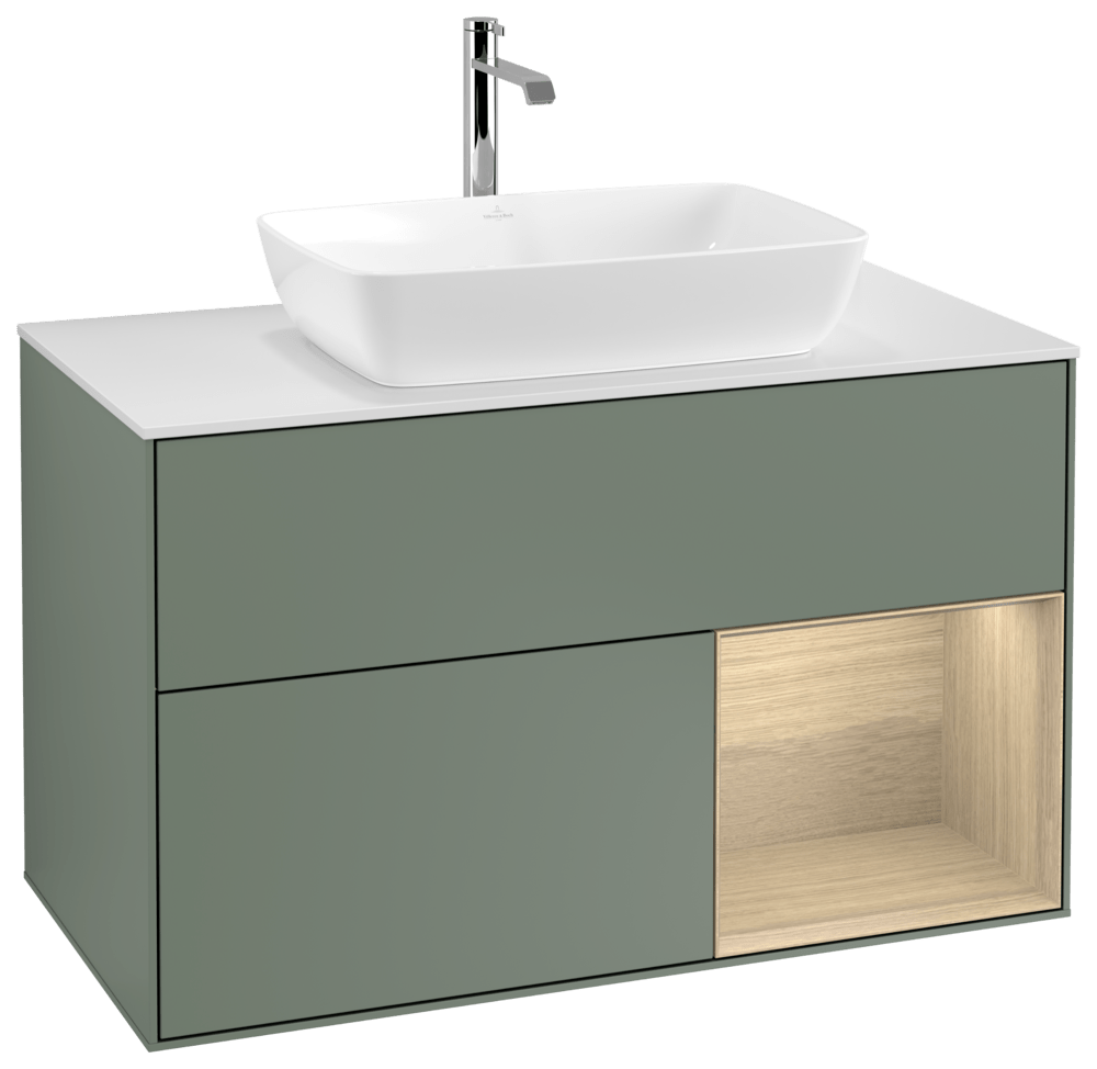V&B Waschtisch-Unterschrank Wandbeleuchtung Finion 100cm, Abdeckplatte white matt, Regal Oak Veneer, Olive Matt Lacquer
