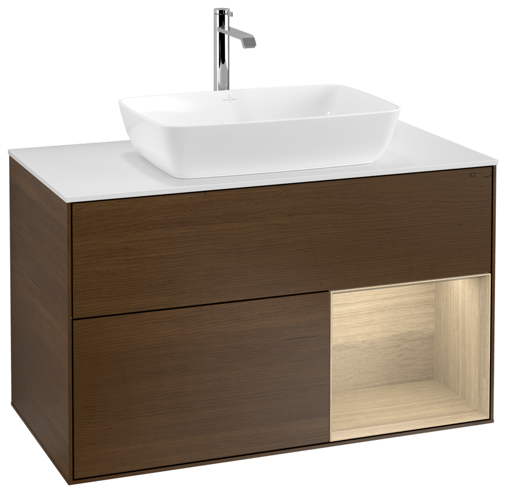 V&B Waschtisch-Unterschrank Wandbeleuchtung Finion 100cm, Abdeckplatte white matt, Regal Oak Veneer, Walnut veneer