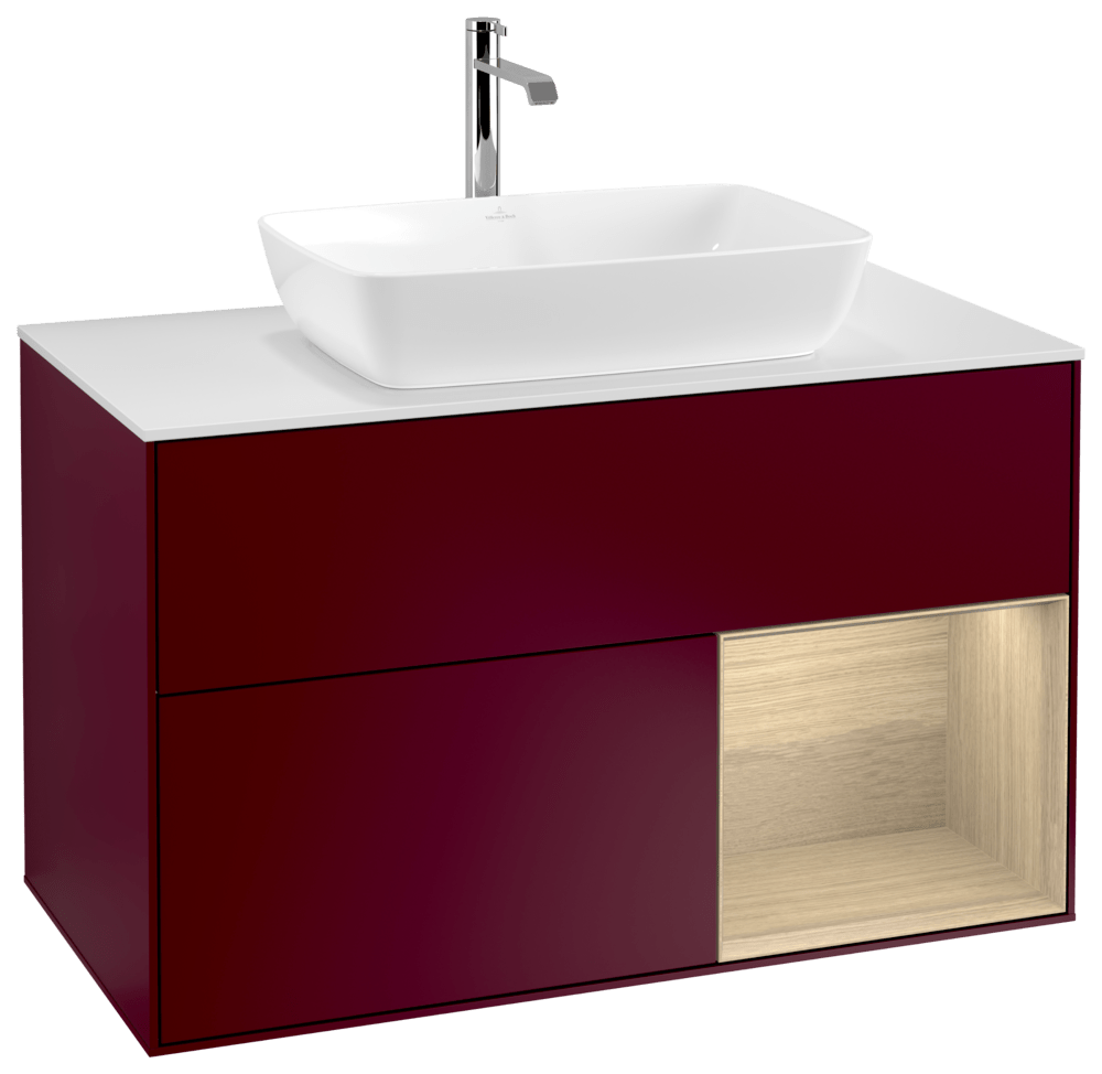 V&B Waschtisch-Unterschrank Wandbeleuchtung Finion 100cm, Abdeckplatte white matt, Regal Oak Veneer, Peony Matt