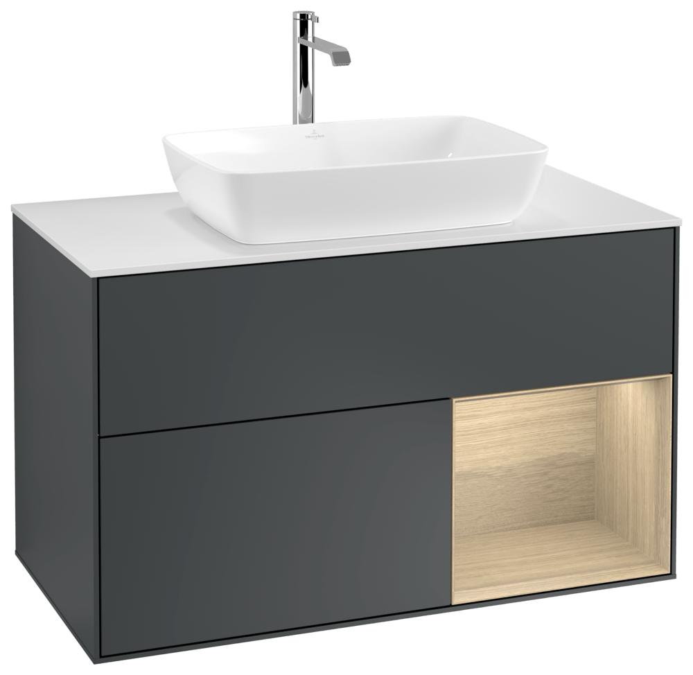 V&B Waschtisch-Unterschrank Wandbeleuchtung Finion 100cm, Abdeckplatte white matt, Regal Oak Veneer, Midnight Blue Matt Lacquer