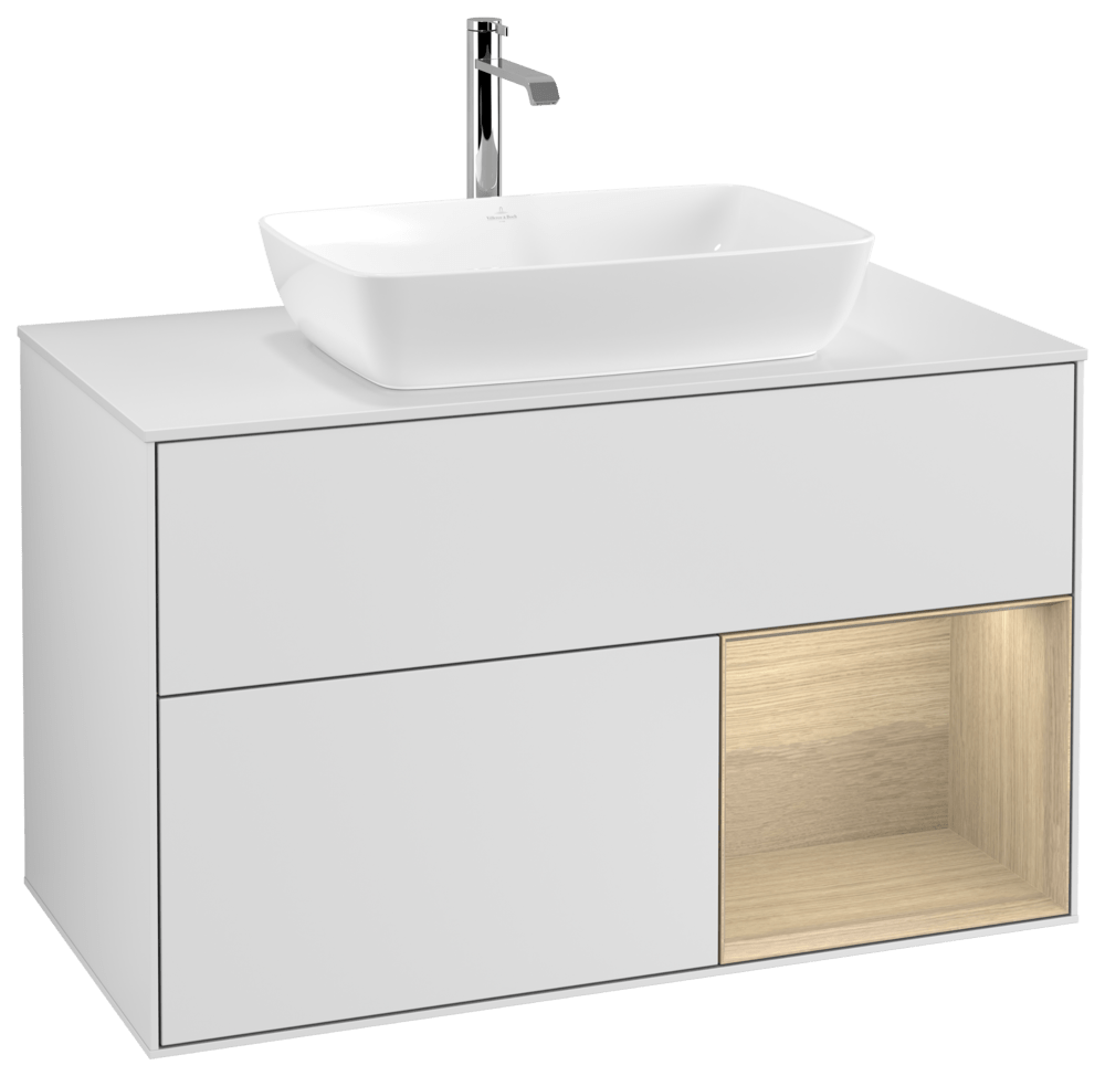 V&B Waschtisch-Unterschrank Wandbeleuchtung Finion 100cm, Abdeckplatte white matt, Regal Oak Veneer, White matt lacquer