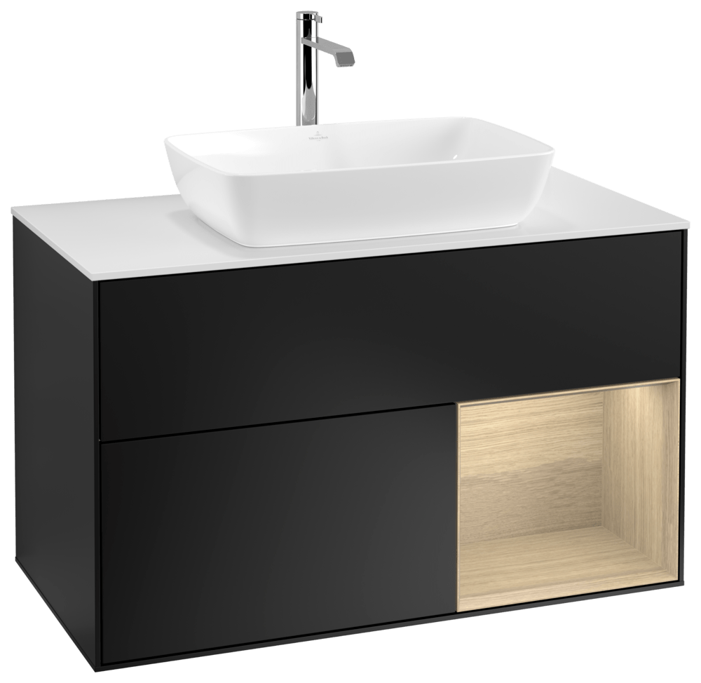 V&B Waschtisch-Unterschrank Wandbeleuchtung Finion 100cm, Abdeckplatte white matt, Regal Oak Veneer, Black matt lacquer