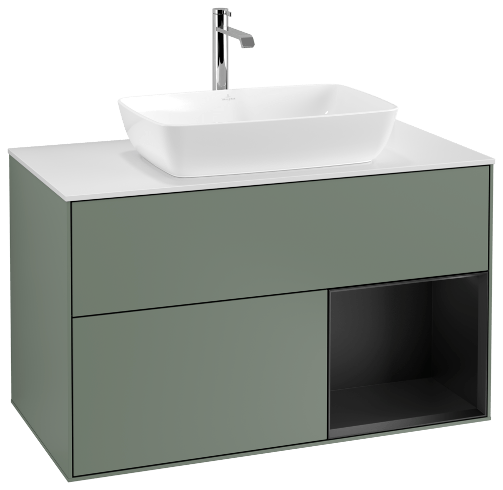 V&B Waschtisch-Unterschrank Wandbeleuchtung Finion 100cm, Abdeckplatte white matt, Regal Black matt lacquer, Olive Matt Lacquer
