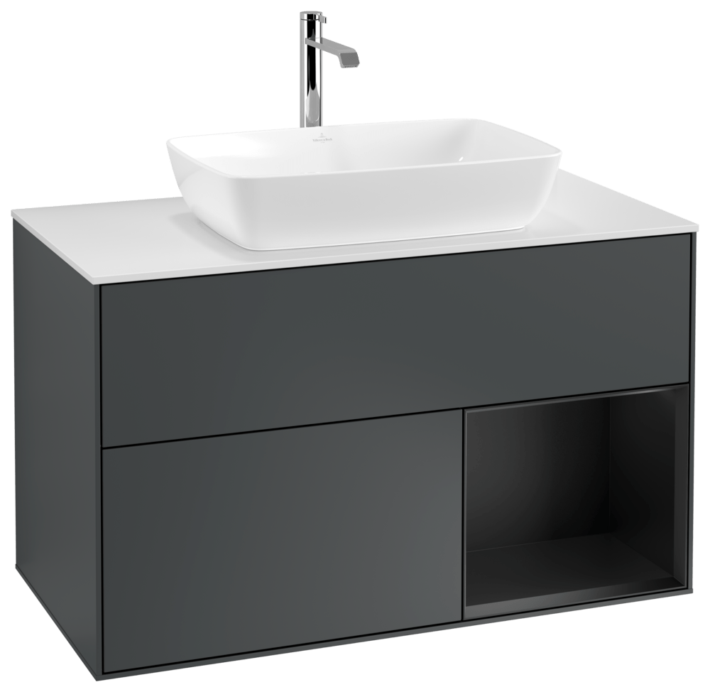 V&B Waschtisch-Unterschrank Wandbeleuchtung Finion 100cm, Abdeckplatte white matt, Regal Black matt lacquer, Midnight Blue Matt Lacquer