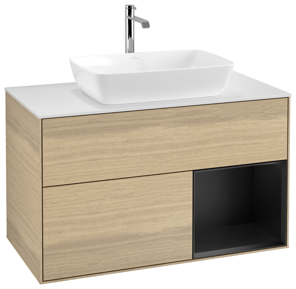 V&B Waschtisch-Unterschrank Wandbeleuchtung Finion 100cm, Abdeckplatte white matt, Regal Black matt lacquer, Oak Veneer