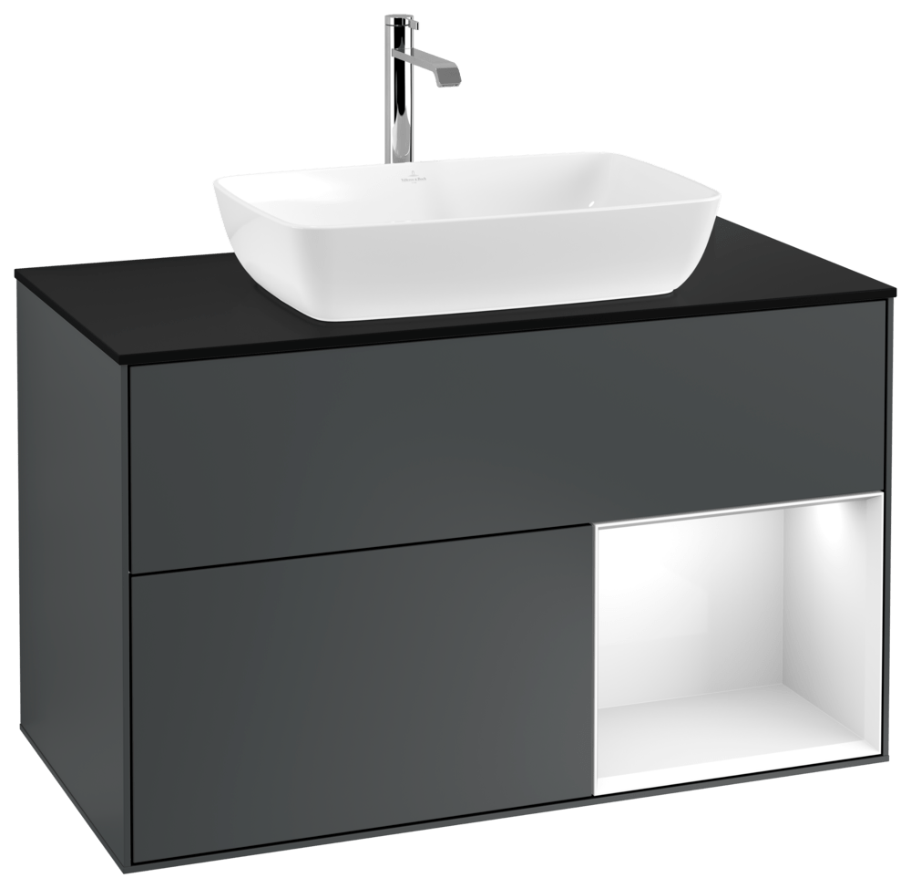 V&B Waschtisch-Unterschrank Wandbeleuchtung Finion 100cm, Abdeckplatte black matt, Regal Glossy white lacquer, Midnight Blue Matt Lacquer