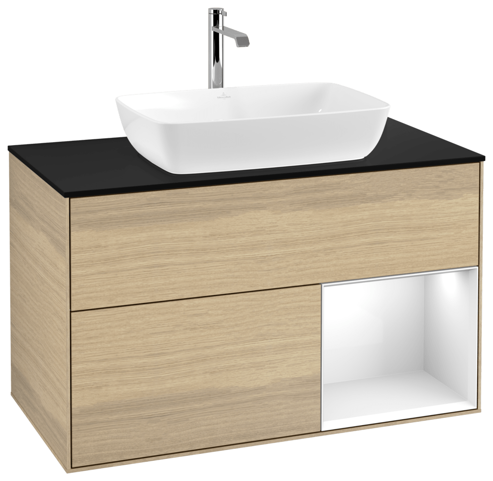 V&B Waschtisch-Unterschrank Wandbeleuchtung Finion 100cm, Abdeckplatte black matt, Regal Glossy white lacquer, Oak Veneer