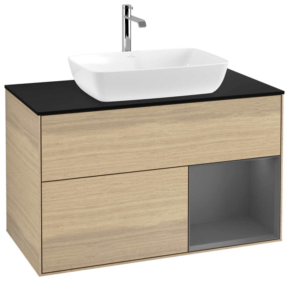 V&B Waschtisch-Unterschrank Wandbeleuchtung Finion 100cm, Abdeckplatte black matt, Regal Anthracite matt lacquer, Oak Veneer