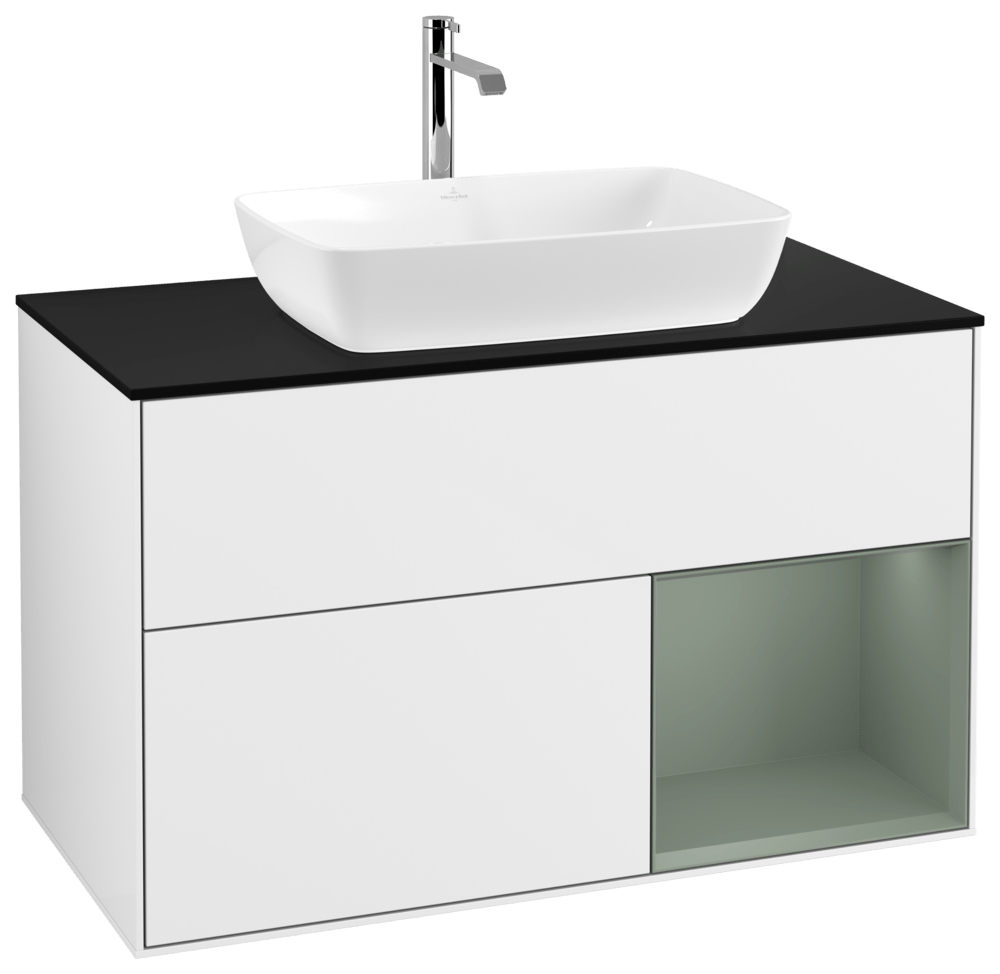 V&B Waschtisch-Unterschrank Wandbeleuchtung Finion 100cm, Abdeckplatte black matt, Regal Olive matt lacquer, Glossy white lacquer