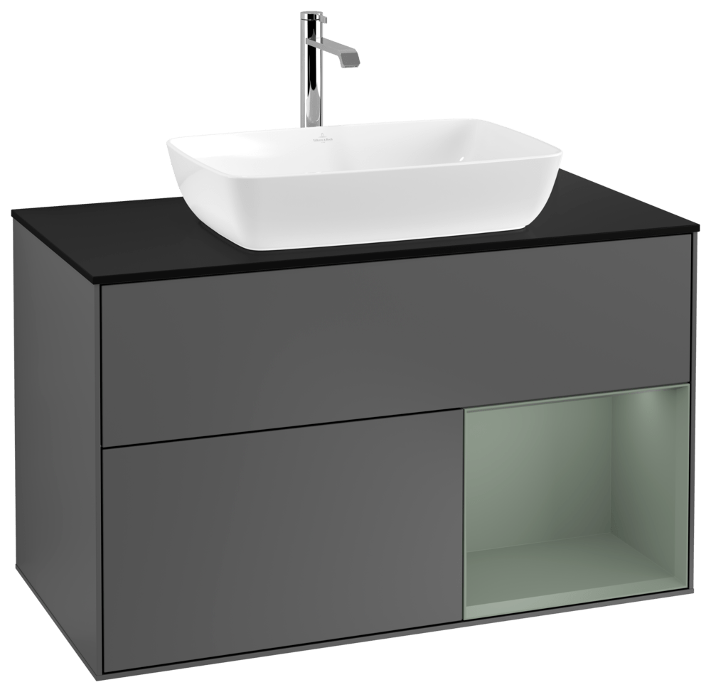V&B Waschtisch-Unterschrank Wandbeleuchtung Finion 100cm, Abdeckplatte black matt, Regal Olive matt lacquer, Anthracite matt