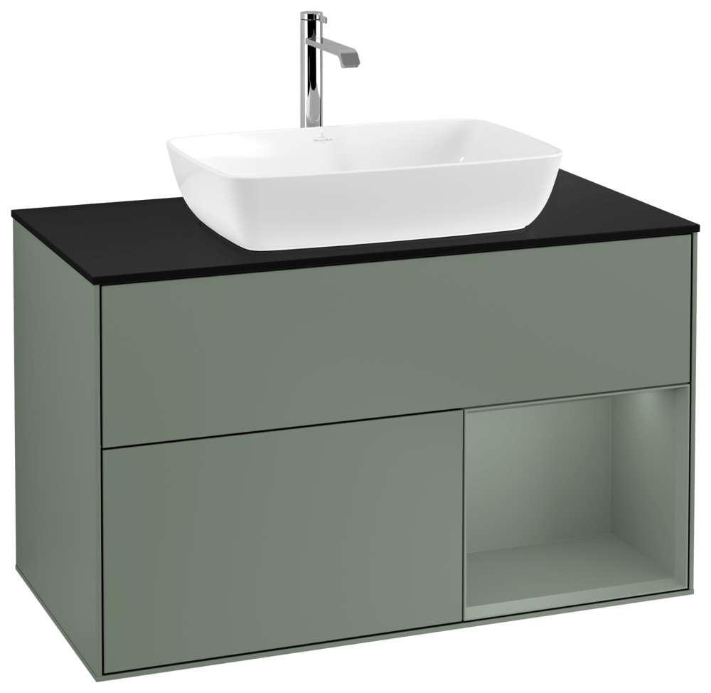 V&B Waschtisch-Unterschrank Wandbeleuchtung Finion 100cm, Abdeckplatte black matt, Regal Olive matt lacquer, Olive Matt Lacquer