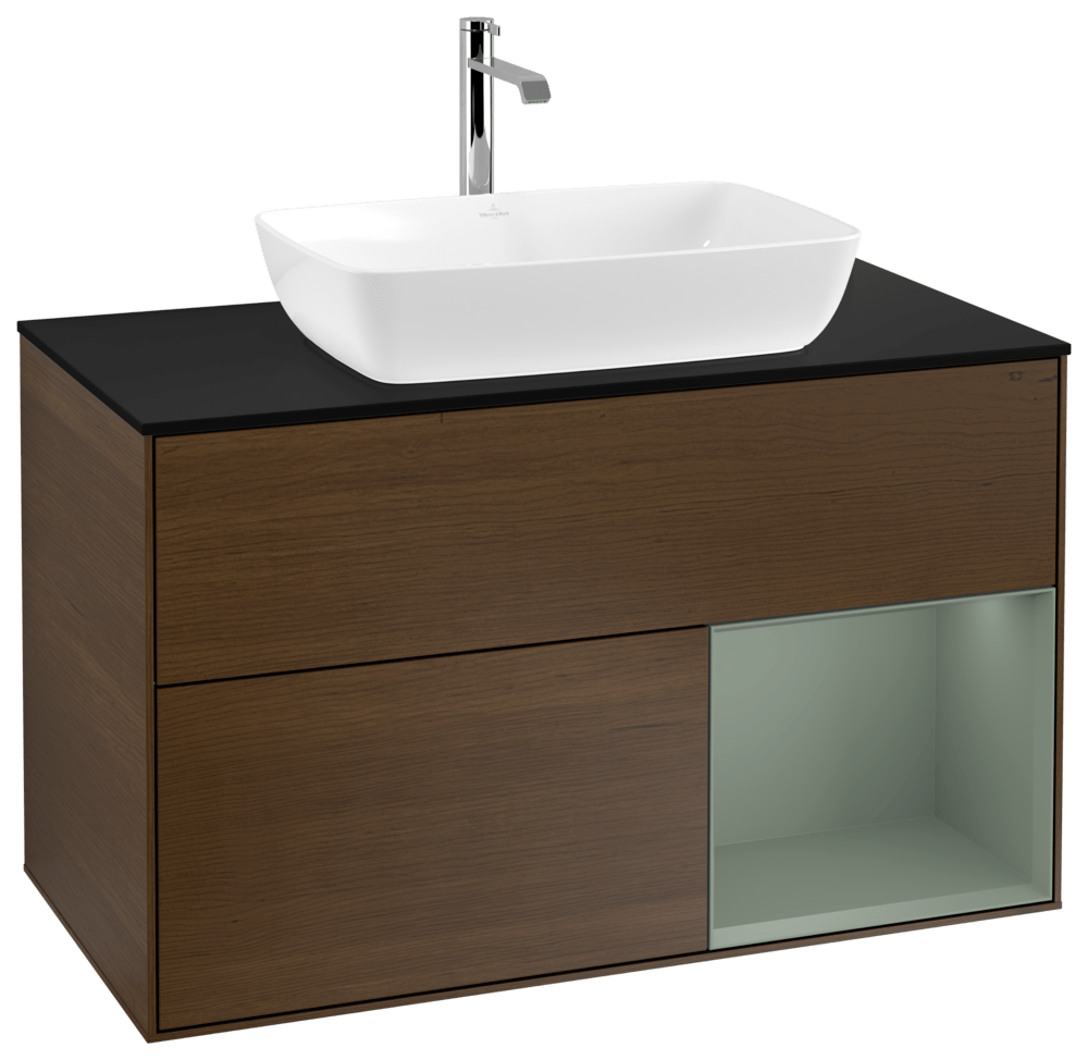 V&B Waschtisch-Unterschrank Wandbeleuchtung Finion 100cm, Abdeckplatte black matt, Regal Olive matt lacquer, Walnut veneer