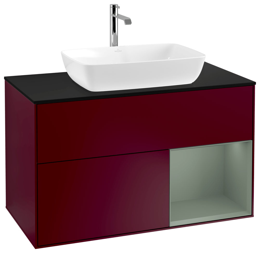 V&B Waschtisch-Unterschrank Wandbeleuchtung Finion 100cm, Abdeckplatte black matt, Regal Olive matt lacquer, Peony Matt